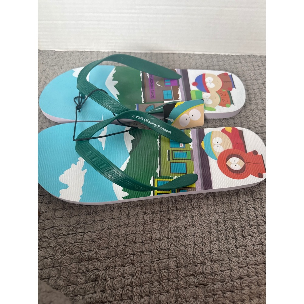 South Park Mens Graphic Flip Flops Green Stan Kyle Cartman Kenny Sandals NEW